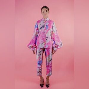 NEUBYRNE Painterly Abstract Pink Print Patricia Pants Size Small